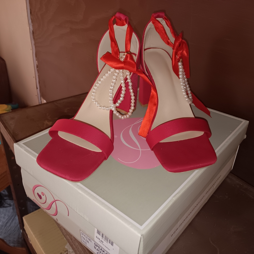 Elegant Red Satin Heels with Pearl Detail